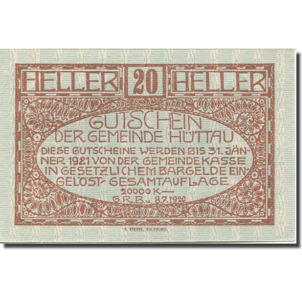 Banknote, Austria, Hüttau Sbg. Gemeinde, 20 Heller, texte 1, 1921, 1921-01-31