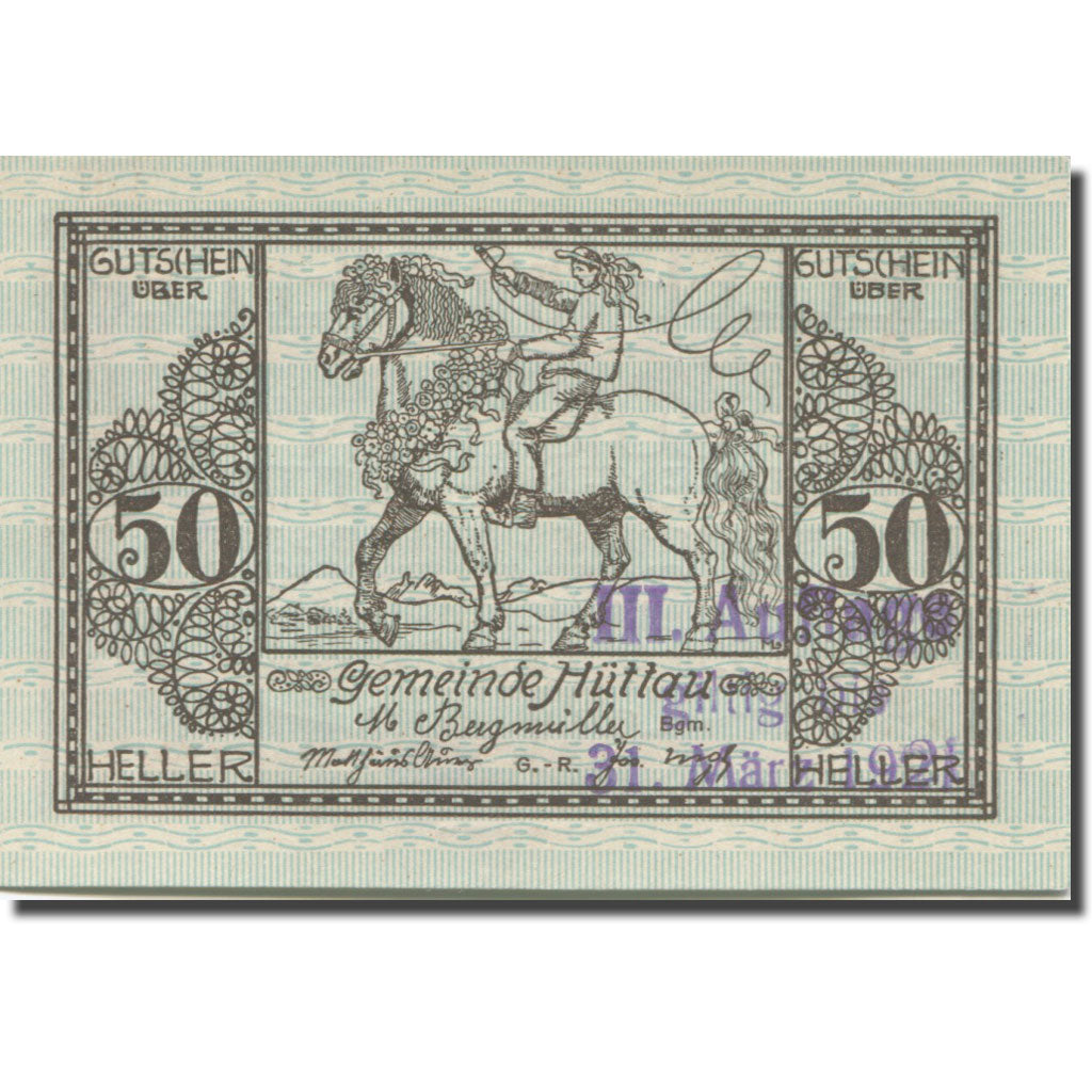 Banconote, Austria, Hüttau Sbg. Gemeinde, 50 Heller, Texte 2, 1921, 1921-01-31