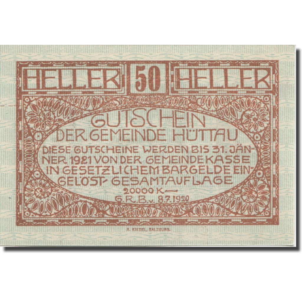 Banconote, Austria, Hüttau Sbg. Gemeinde, 50 Heller, Texte 2, 1921, 1921-01-31