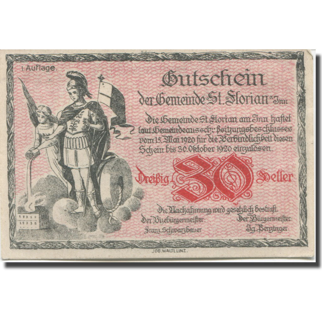 Banknote, Austria, St. Florian am Inn O.Ö. Gemeinde, 30 Heller, paysage, 1920