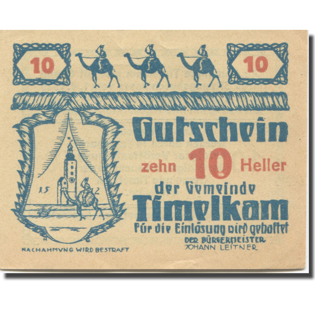 Banknote, Austria, Timelkam O.Ö. Gemeinde, 10 Heller, Texte, 1920, 1920-04-01