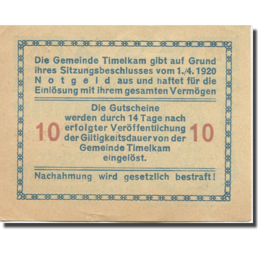 Banknote, Austria, Timelkam O.Ö. Gemeinde, 10 Heller, Texte, 1920, 1920-04-01
