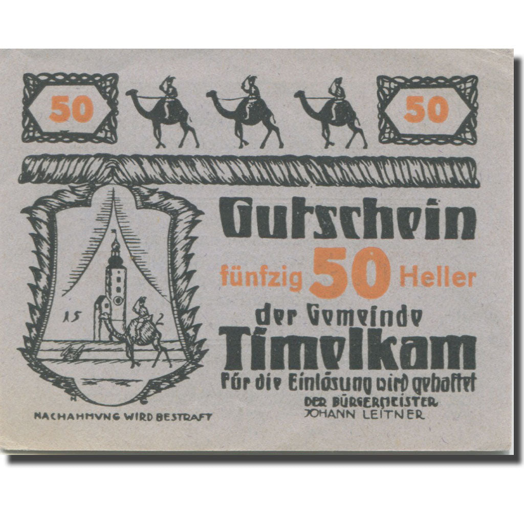 Banconote, Austria, Timelkam O.Ö. Gemeinde, 50 Heller, texte 1, 1920
