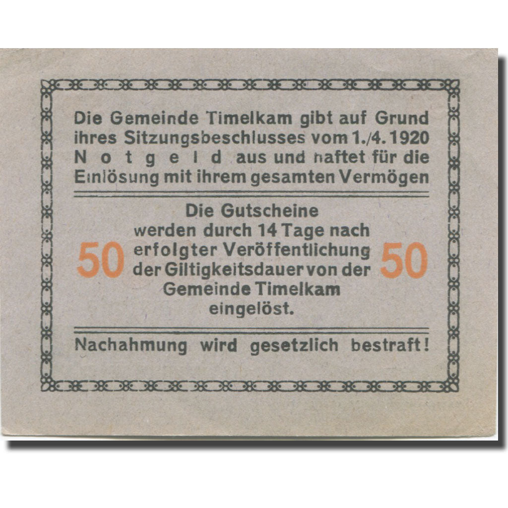 Banconote, Austria, Timelkam O.Ö. Gemeinde, 50 Heller, texte 1, 1920