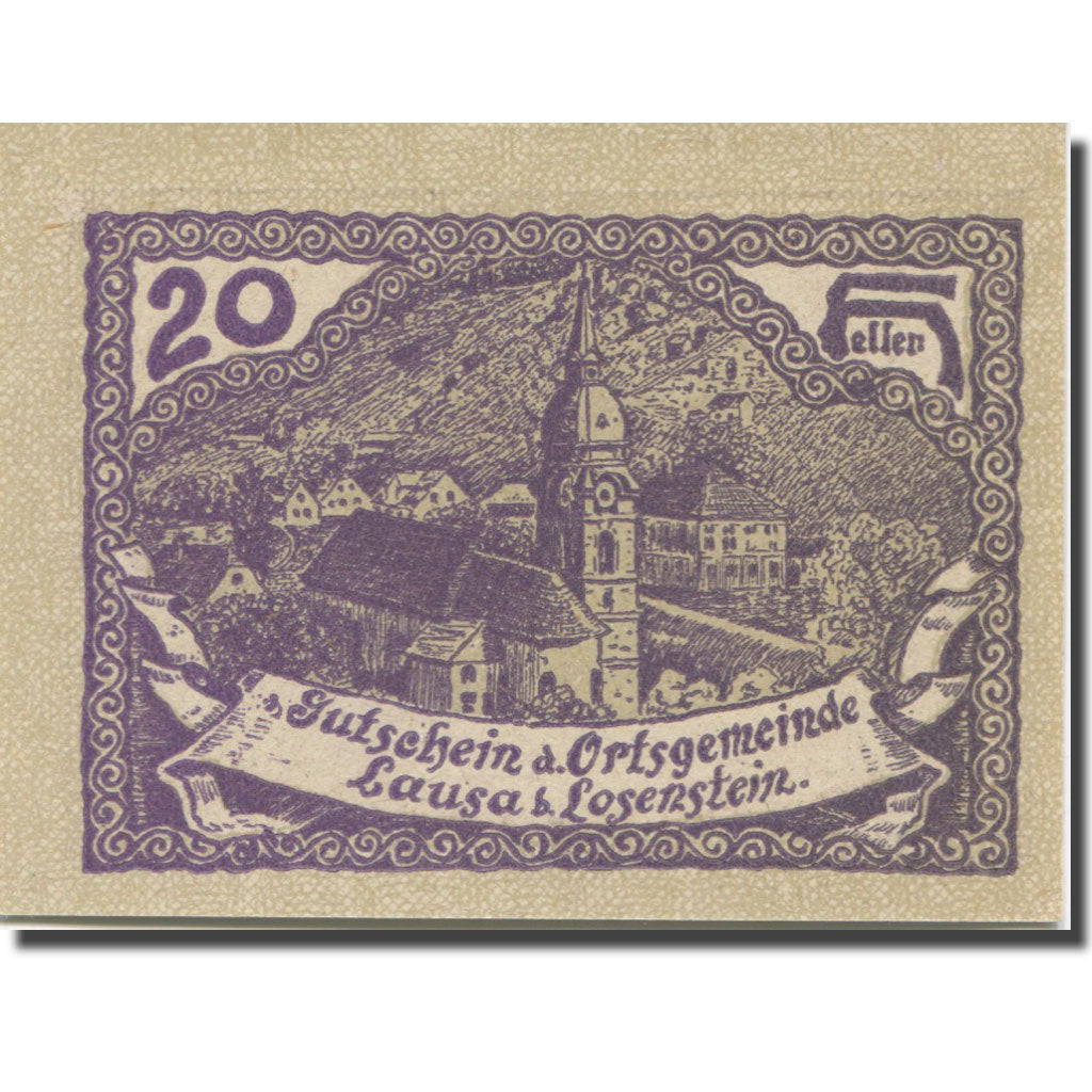 Banknote, Austria, Lausa bei Losenstein O.Ö. Ortsgemeinde, 20 Heller, texte 1