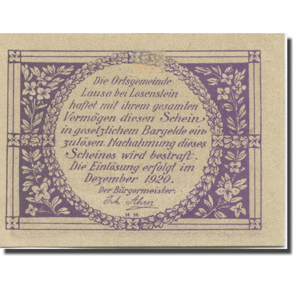 Banknote, Austria, Lausa bei Losenstein O.Ö. Ortsgemeinde, 20 Heller, texte 1