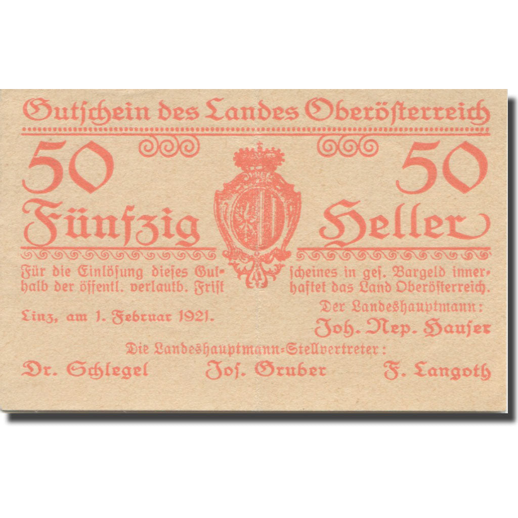 Banknote, Austria, Oberösterreich O.Ö. Land, 50 Heller, N.D, 1921, 1921-02-01