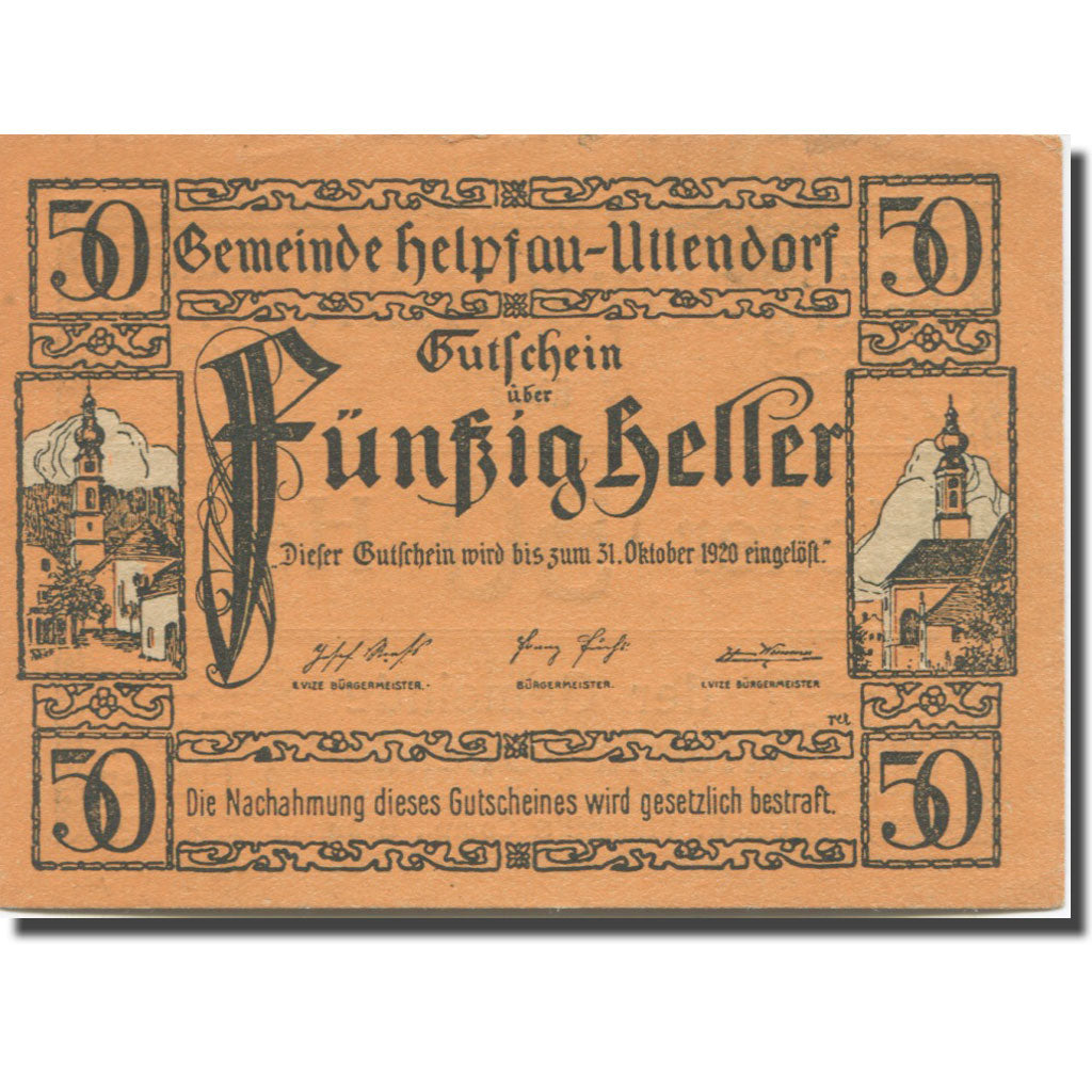 Banconote, Austria, Helpfau-Uttendorf, 50 Heller, valeur faciale, 1920