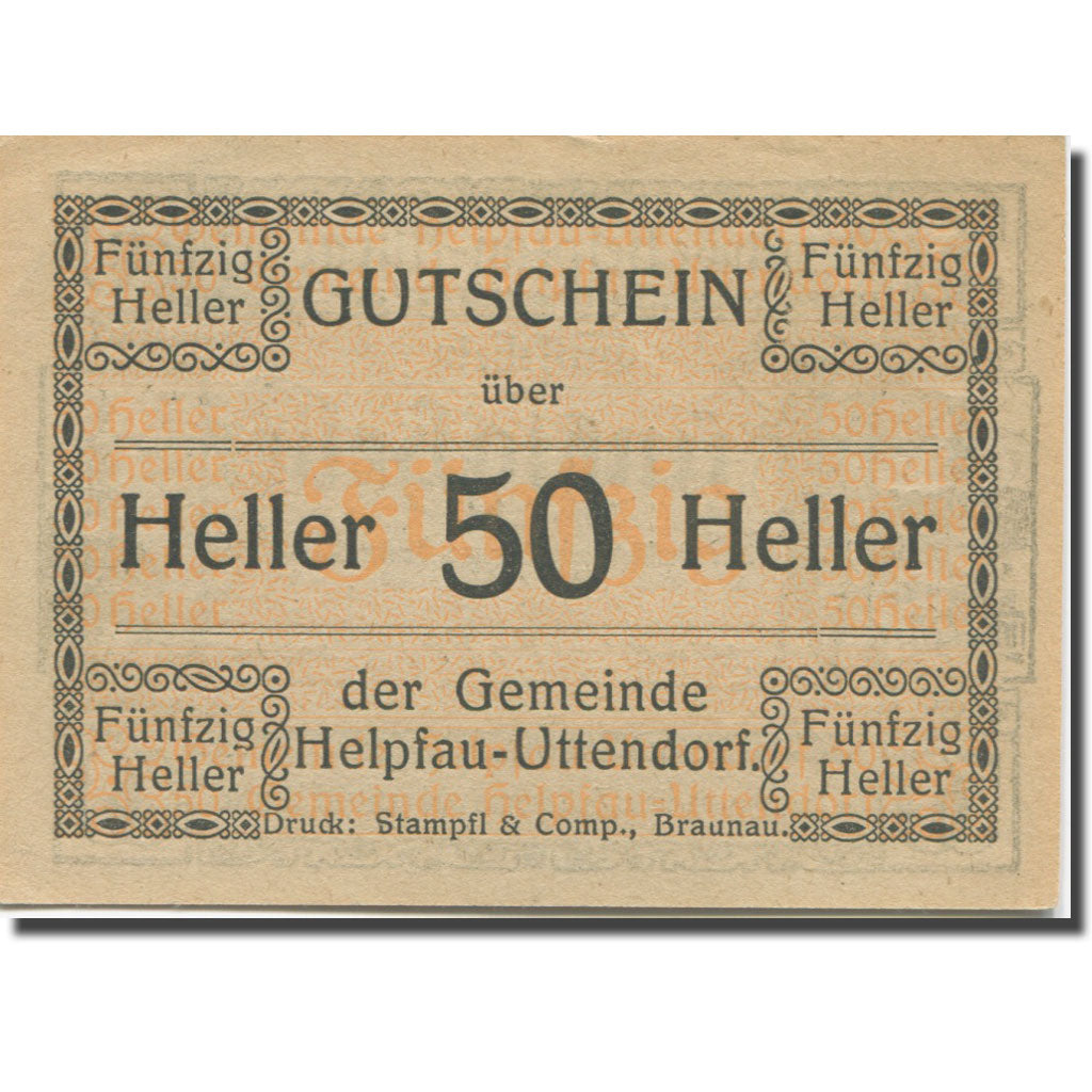 Banconote, Austria, Helpfau-Uttendorf, 50 Heller, valeur faciale, 1920