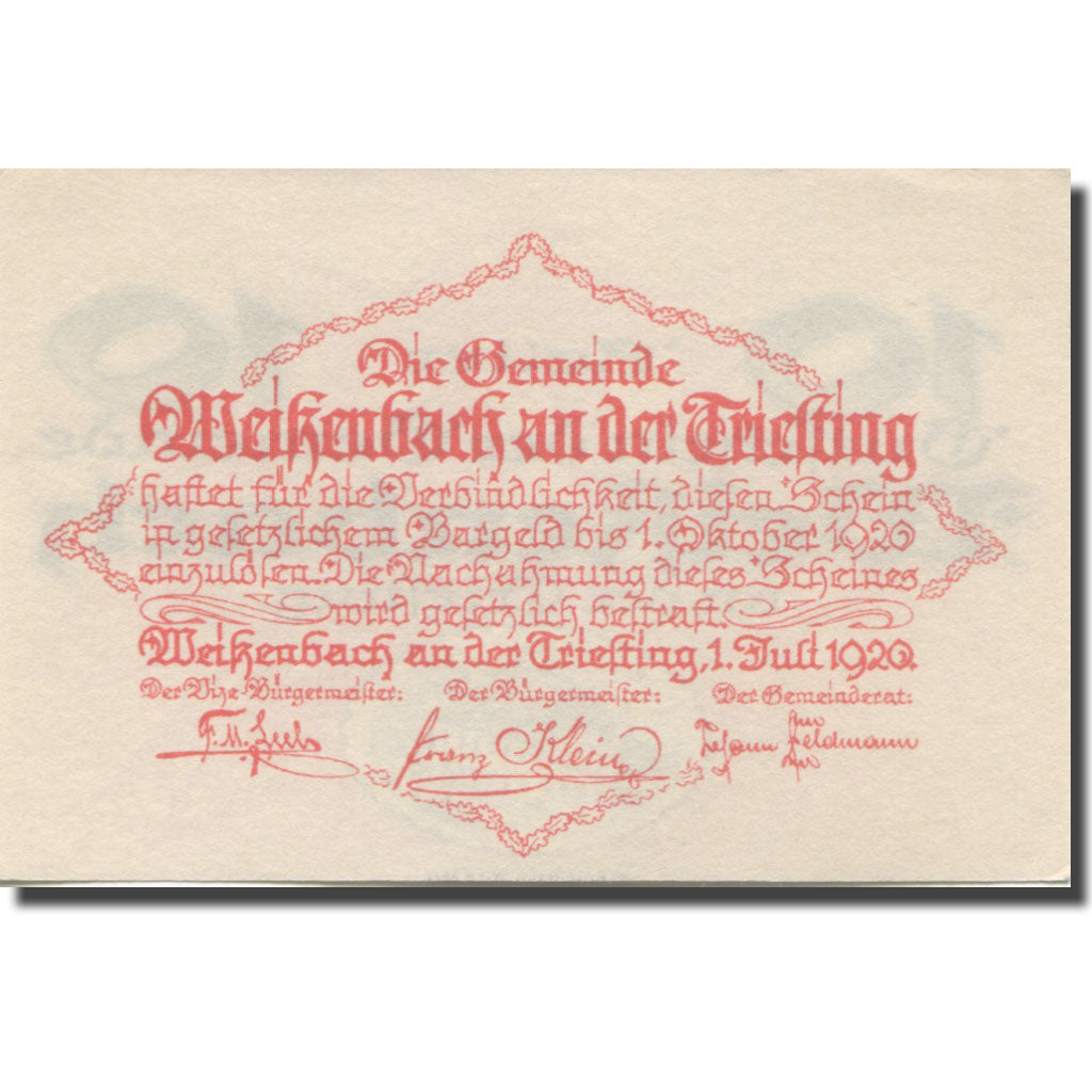 Nota, Áustria, Weißenbach an der Triesting N.Ö. Gemeinde, 10 Heller, Texte