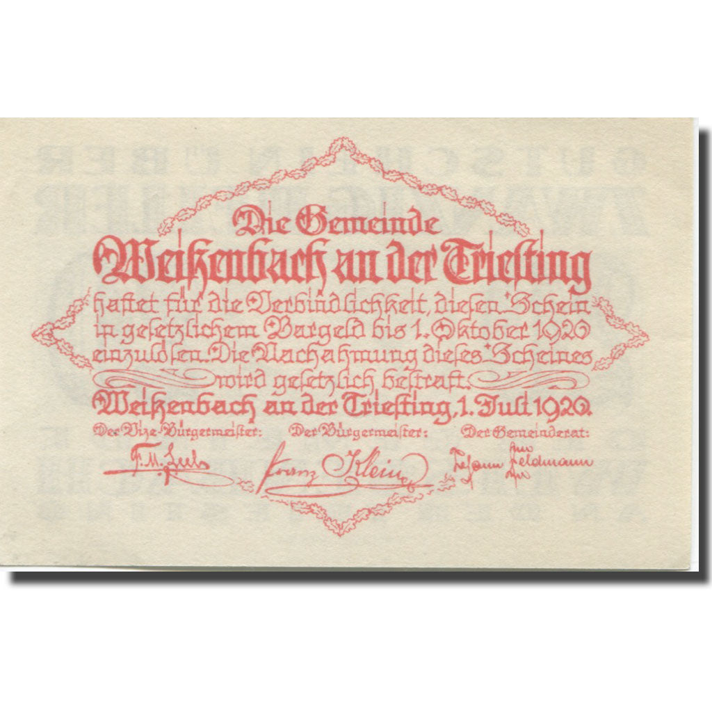 Banknote, Austria, Weißenbach an der Triesting N.Ö. Gemeinde, 20 Heller, texte