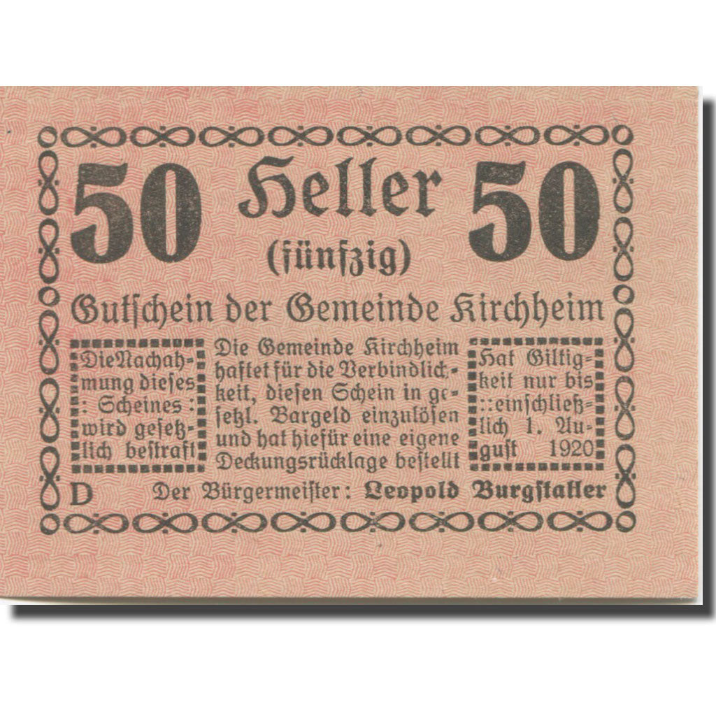 Banconote, Austria, Kirchheim, 50 Heller, texte 1, 1920, 1920-08-01, SPL-
