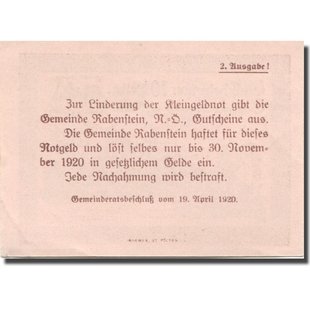 Banknot, Austria, Rabenstein, 10 Heller, Texte, 1920, 1920-11-30, AU(55-58)