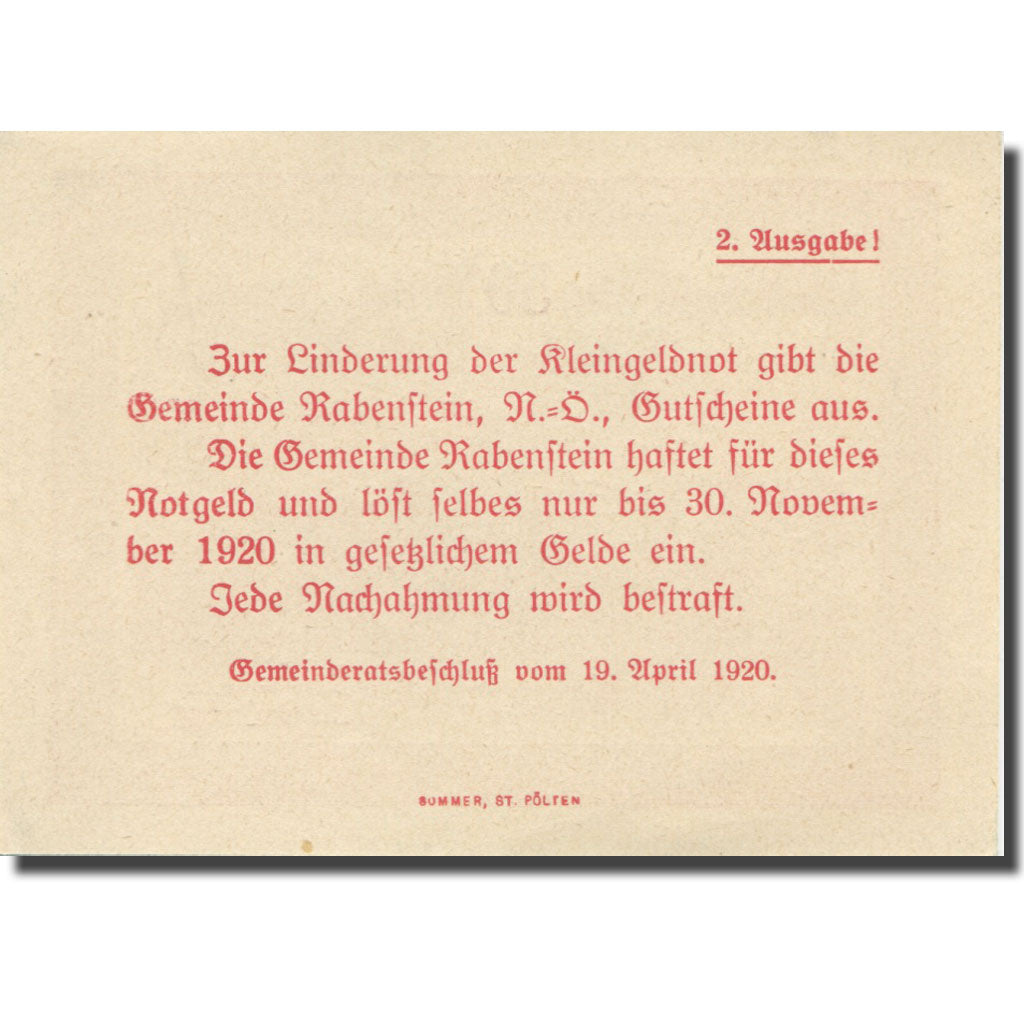 Banknote, Austria, Rabenstein, 50 Heller, Texte 2, 1920, 1920-11-30, AU(55-58)