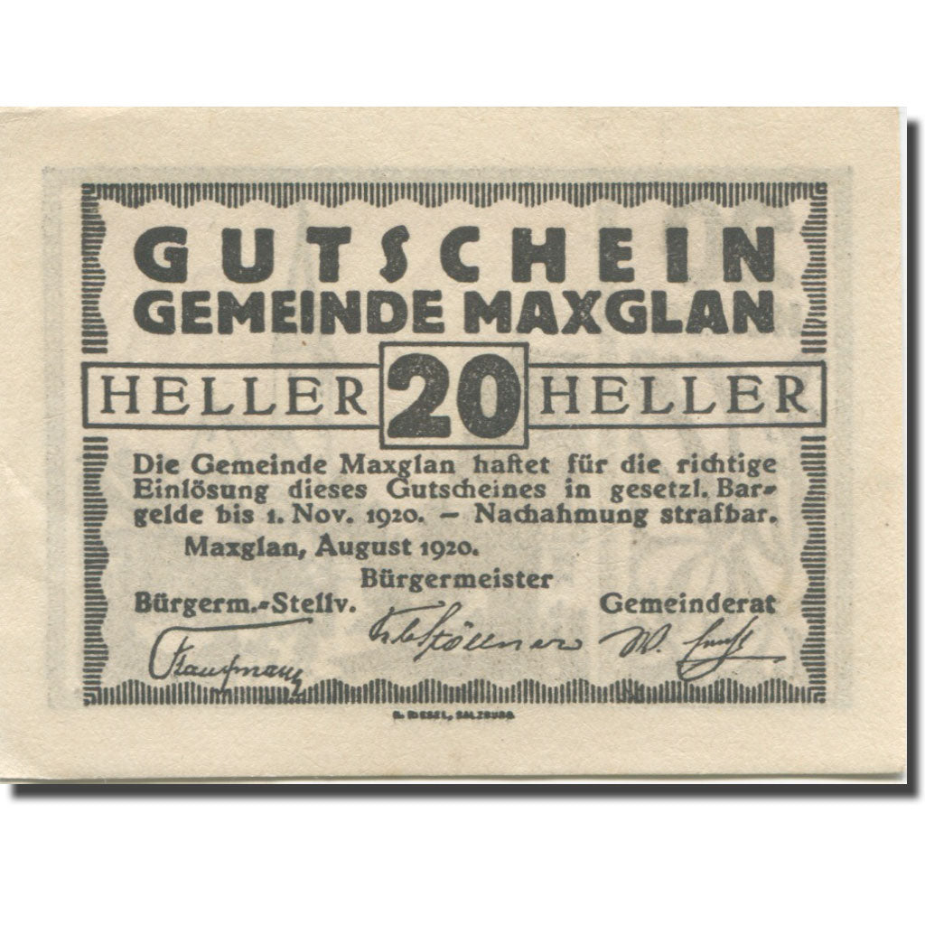 Banknote, Austria, Maxglan, 20 Heller, Texte, 1920, 1920-11-01, AU(55-58)