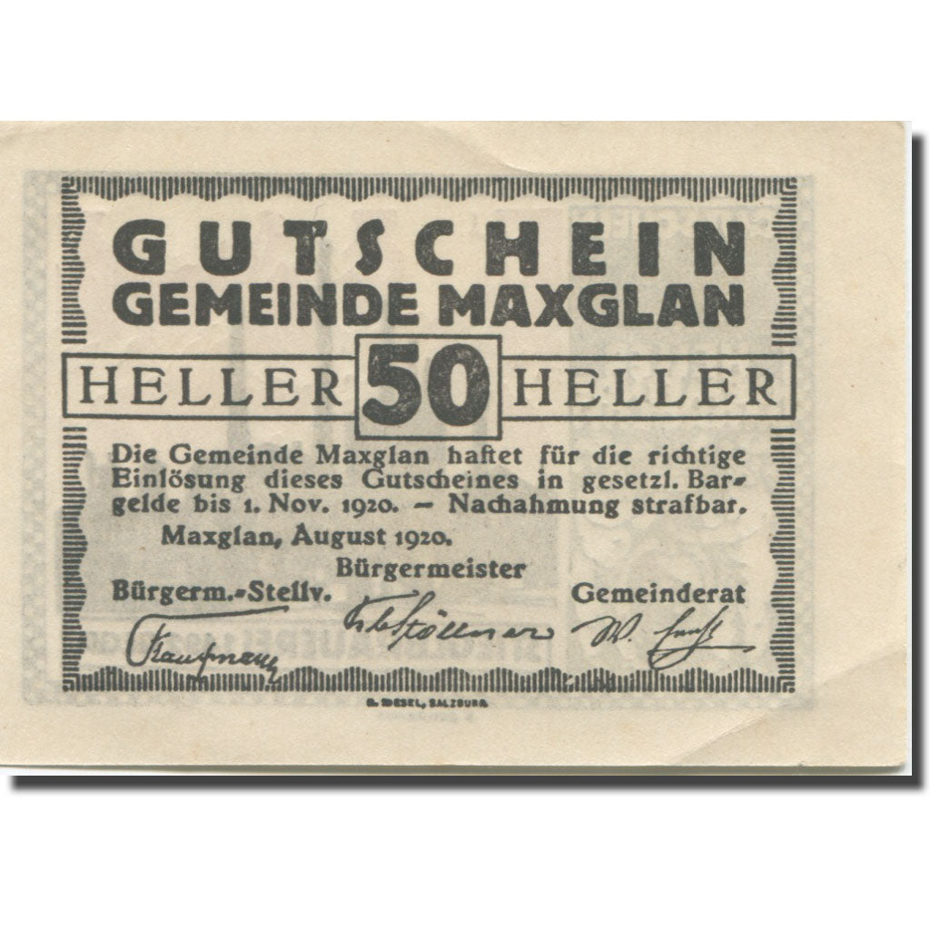 Banknote, Austria, Maxglan, 50 Heller, texte 1, 1920, 1920-11-01, AU(55-58)