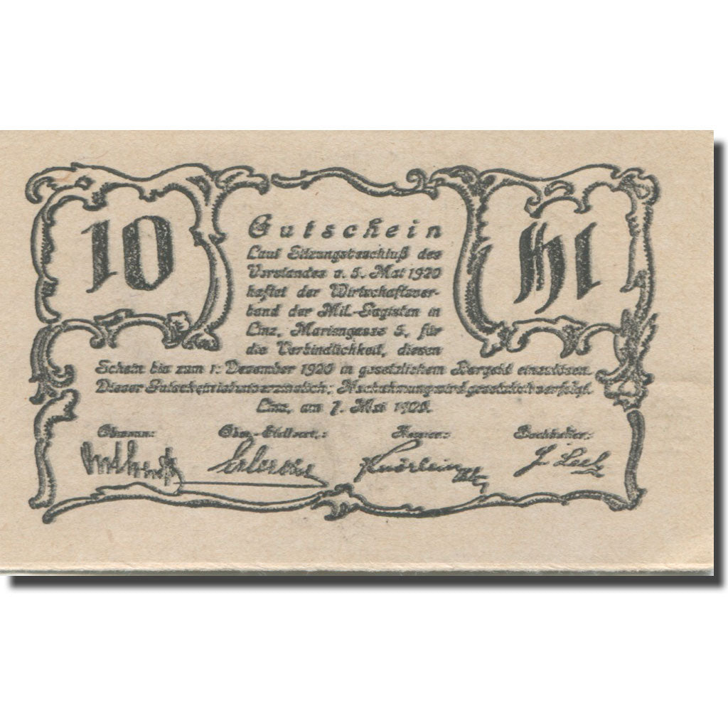 Banknote, Austria, Linz, 10 Heller, Texte, 1920, 1920-12-01, AU(55-58), Mehl:FS