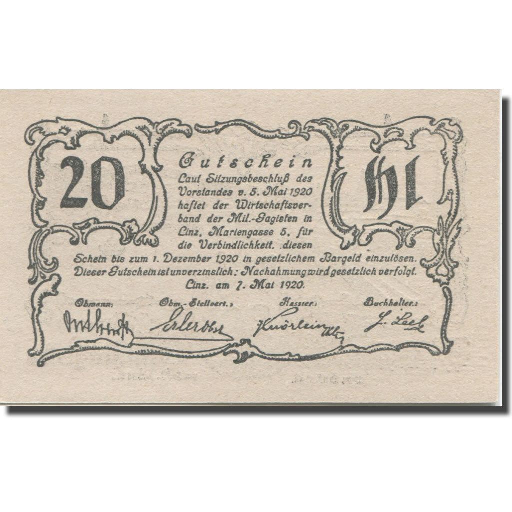 Banknote, Austria, Linz, 20 Heller, texte 1, 1920, 1920-12-01, AU(55-58)