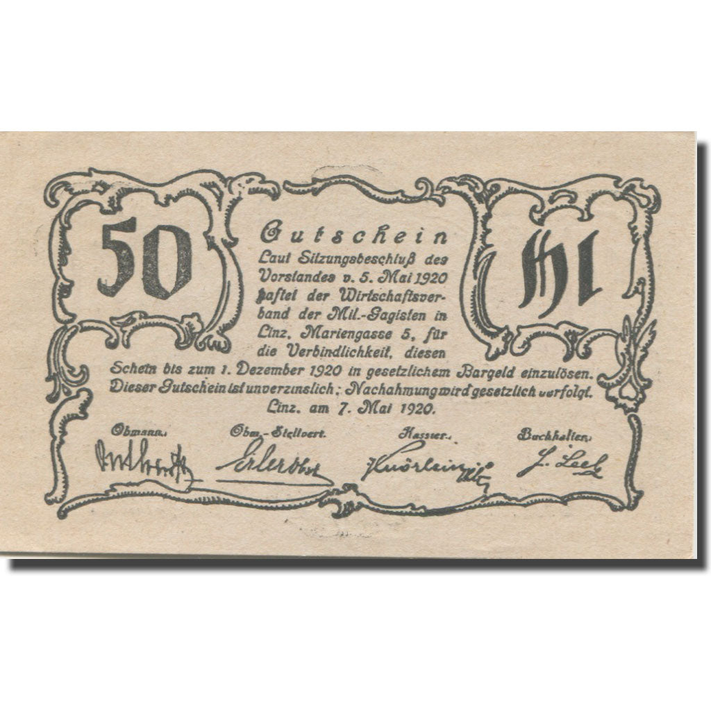 Banknote, Austria, Linz, 50 Heller, Texte 2, 1920, 1920-12-01, AU(55-58)
