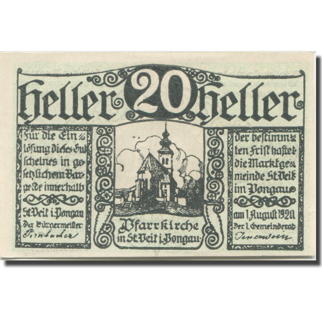 Billet, Autriche, St. Veit im Pongau Sbg. Marktgemeinde, 20 Heller, personnage