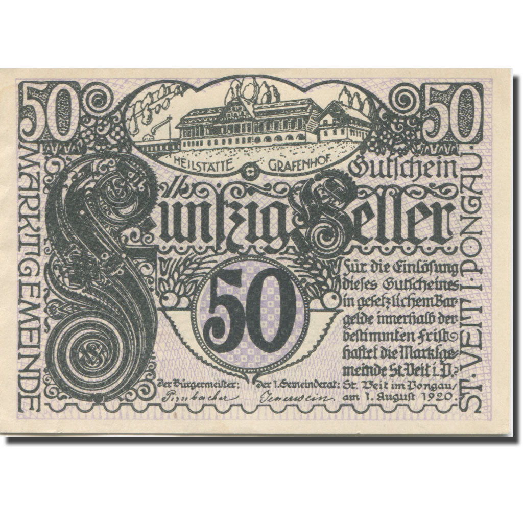 Banknote, Austria, St. Veit im Pongau Sbg. Marktgemeinde, 50 Heller, personnage