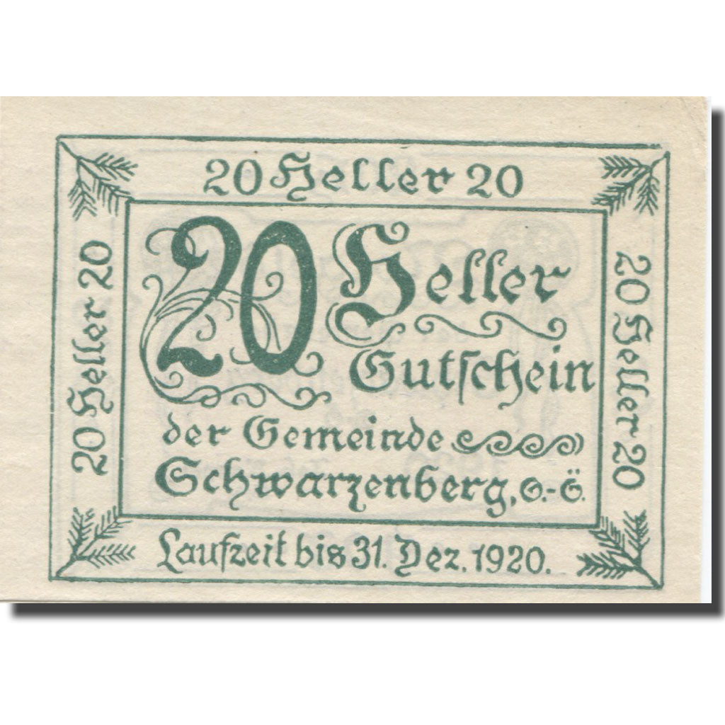Banknote, Austria, Schwarzenberg, 20 Heller, Texte, 1920, 1920-12-31, AU(55-58)