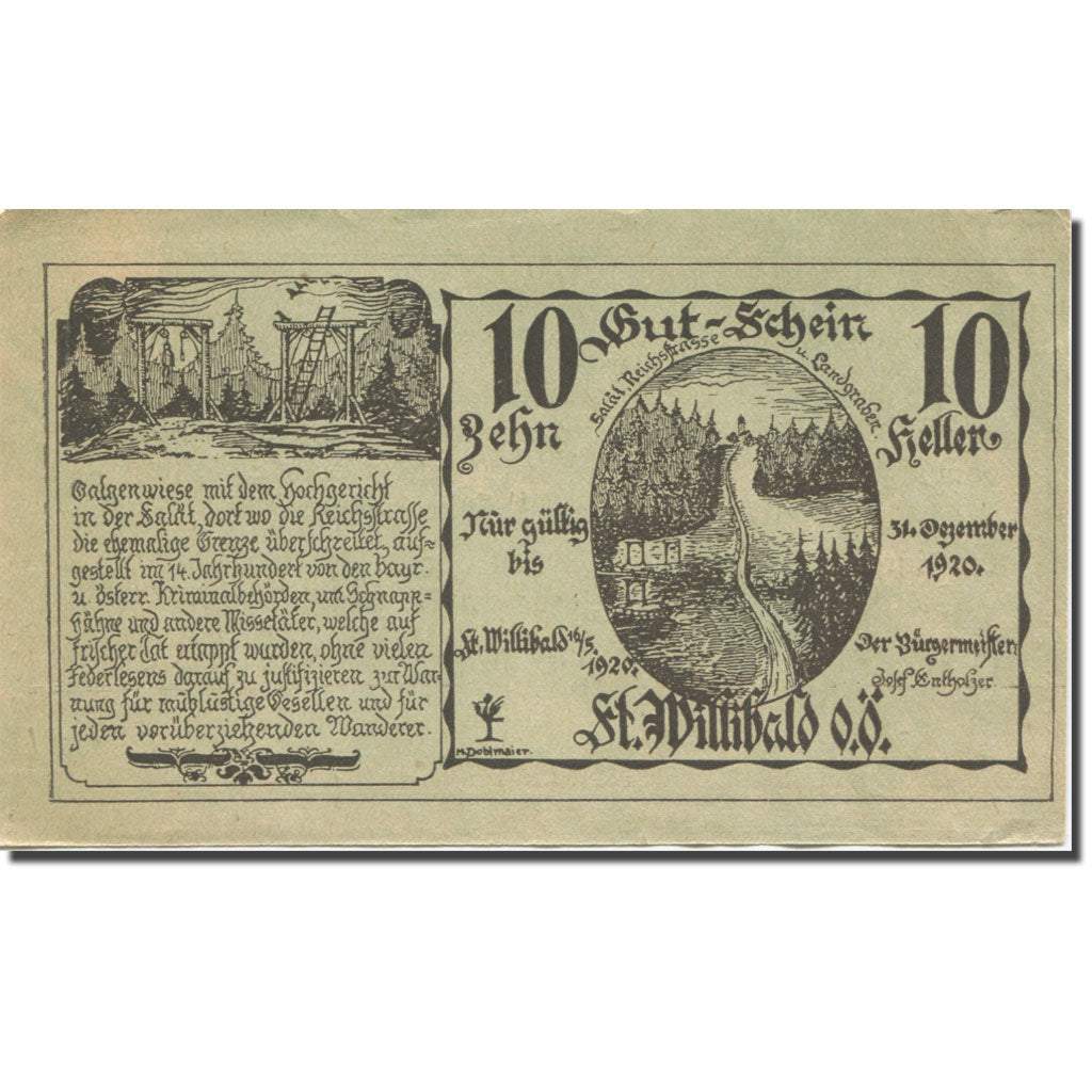 Banconote, Austria, St. Willibald O.Ö. Gemeinde, 10 Heller, Texte, 1920