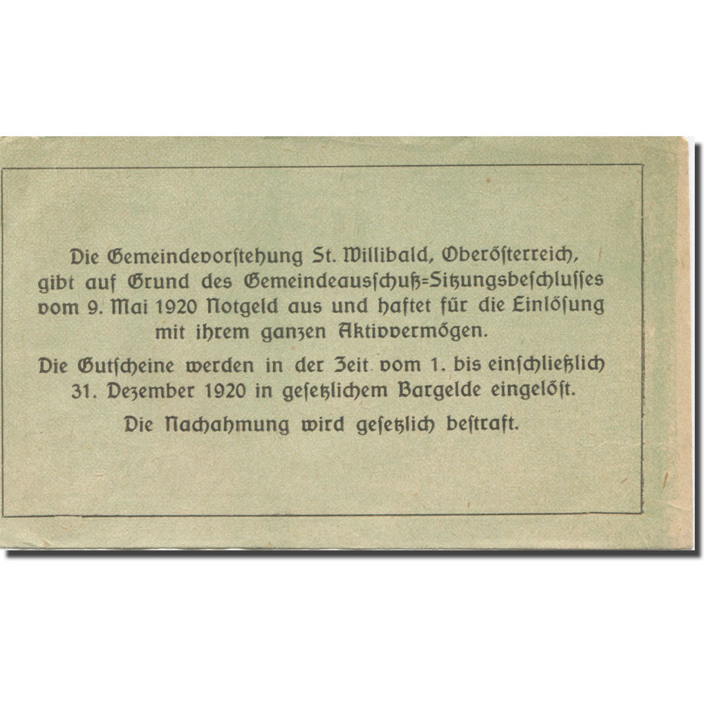 Banconote, Austria, St. Willibald O.Ö. Gemeinde, 10 Heller, Texte, 1920