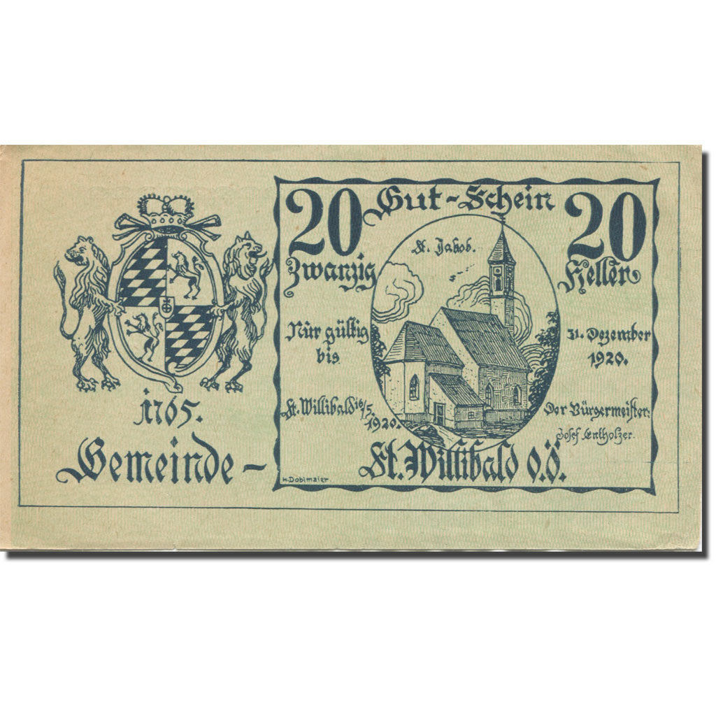 Banconote, Austria, St. Willibald O.Ö. Gemeinde, 20 Heller, texte 1, 1920