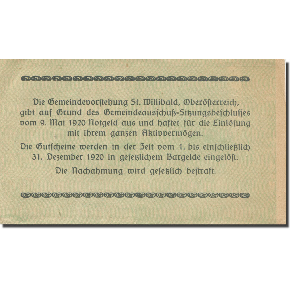 Banconote, Austria, St. Willibald O.Ö. Gemeinde, 20 Heller, texte 1, 1920