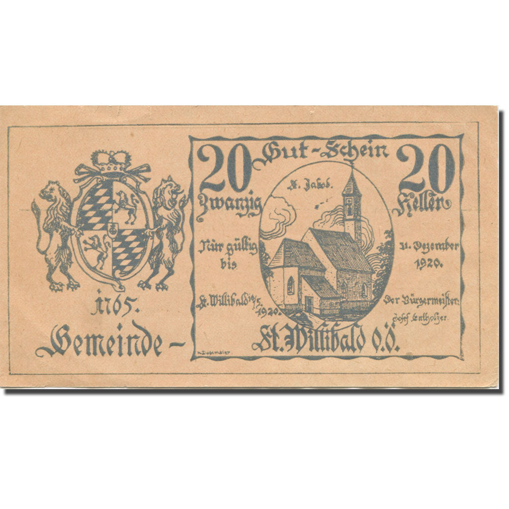 Banconote, Austria, St. Willibald O.Ö. Gemeinde, 20 Heller, Texte 2, 1920