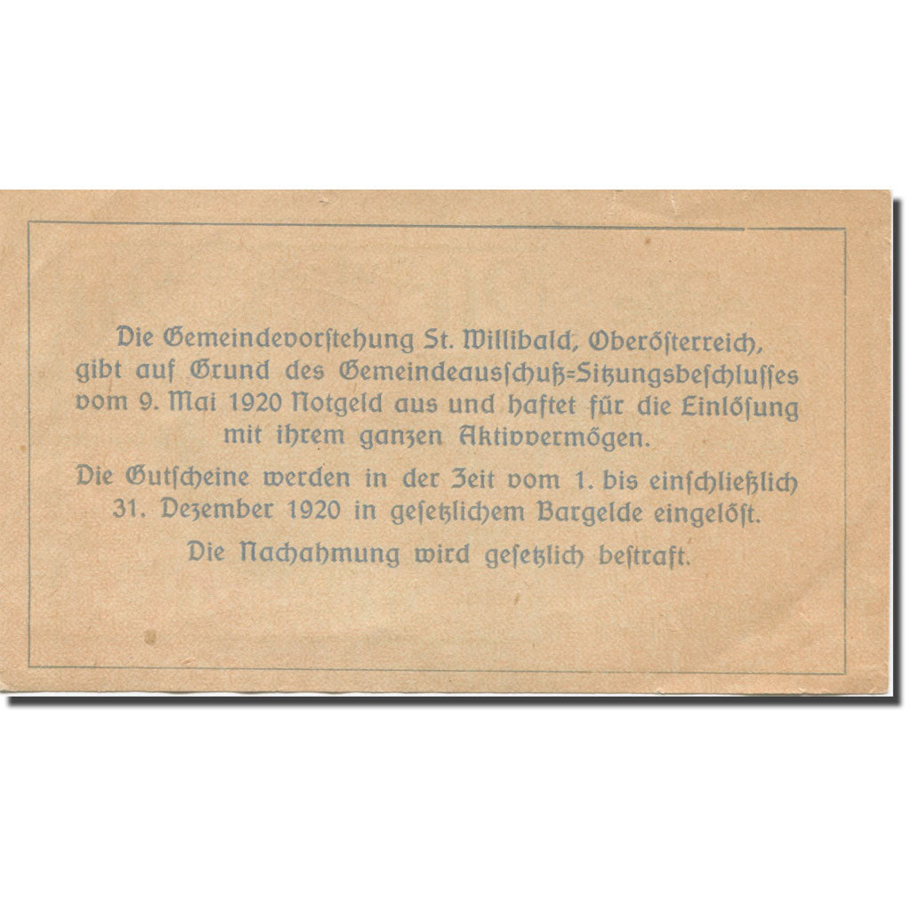 Banconote, Austria, St. Willibald O.Ö. Gemeinde, 20 Heller, Texte 2, 1920
