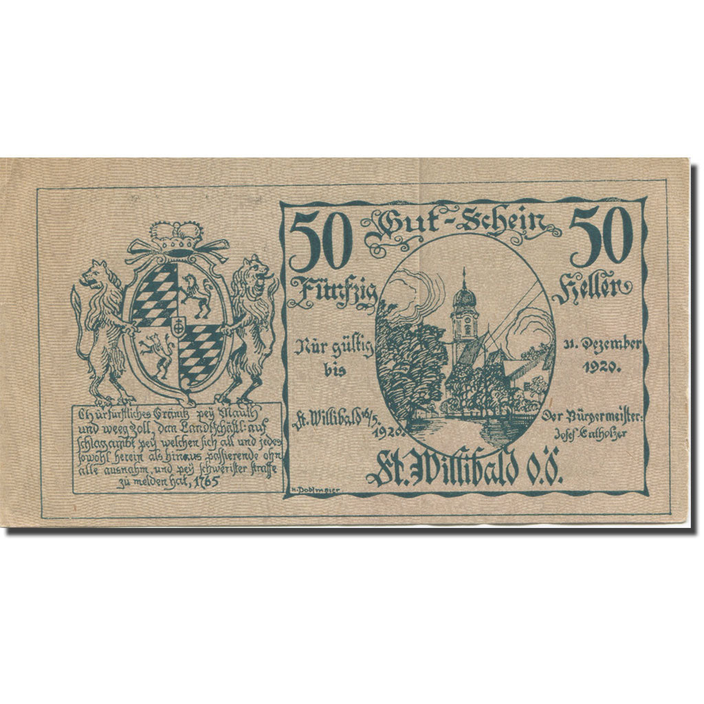 Banknote, Austria, St. Willibald O.Ö. Gemeinde, 50 Heller, Texte 3, 1920