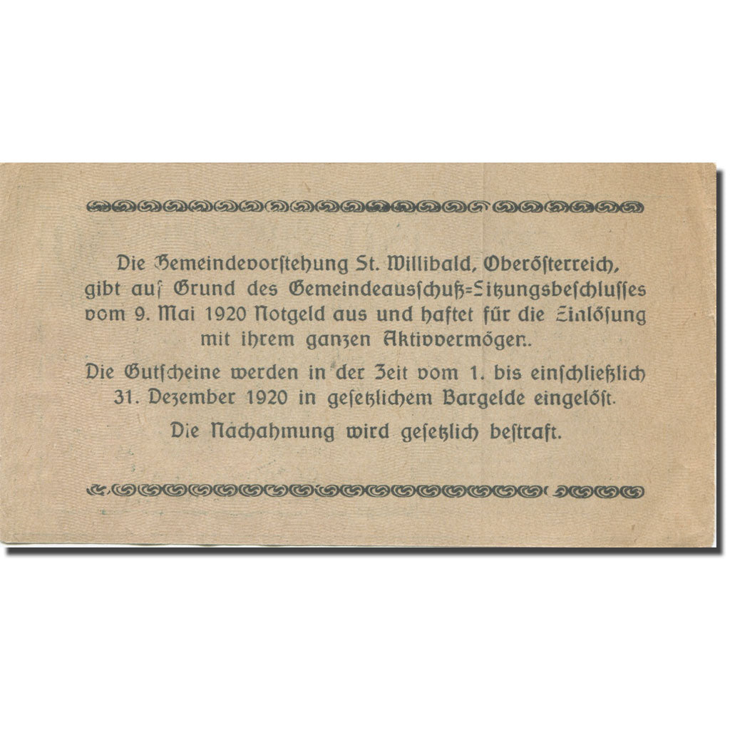 Banknote, Austria, St. Willibald O.Ö. Gemeinde, 50 Heller, Texte 3, 1920