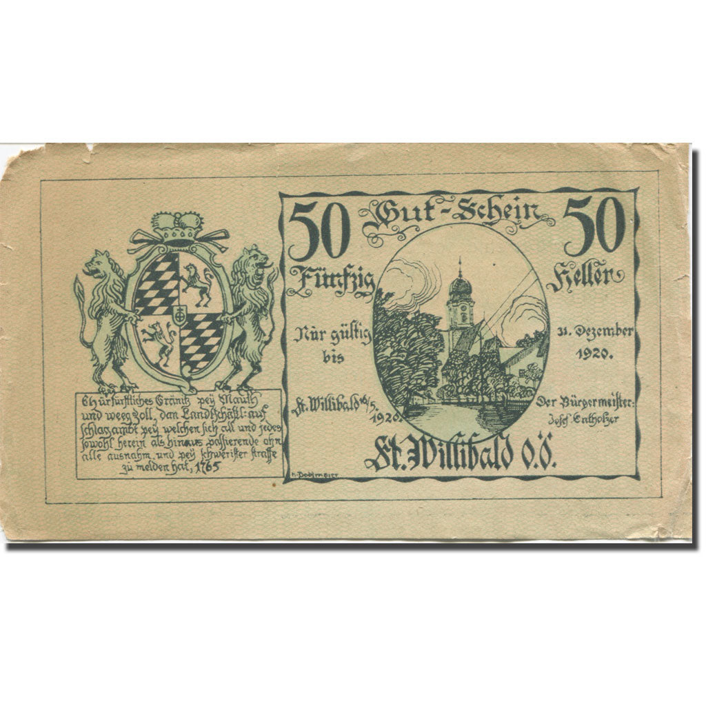 Banconote, Austria, St. Willibald O.Ö. Gemeinde, 50 Heller, Texte 4, 1920