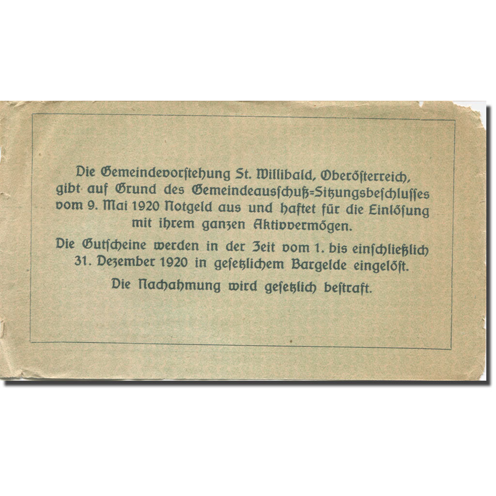 Banconote, Austria, St. Willibald O.Ö. Gemeinde, 50 Heller, Texte 4, 1920