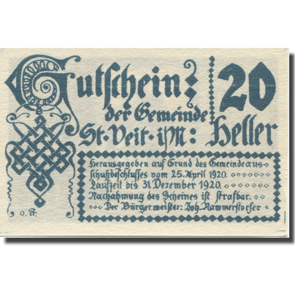 Banconote, Austria, St. Veit im Mühlkreis O.Ö. Gemeinde, 20 Heller, Texte
