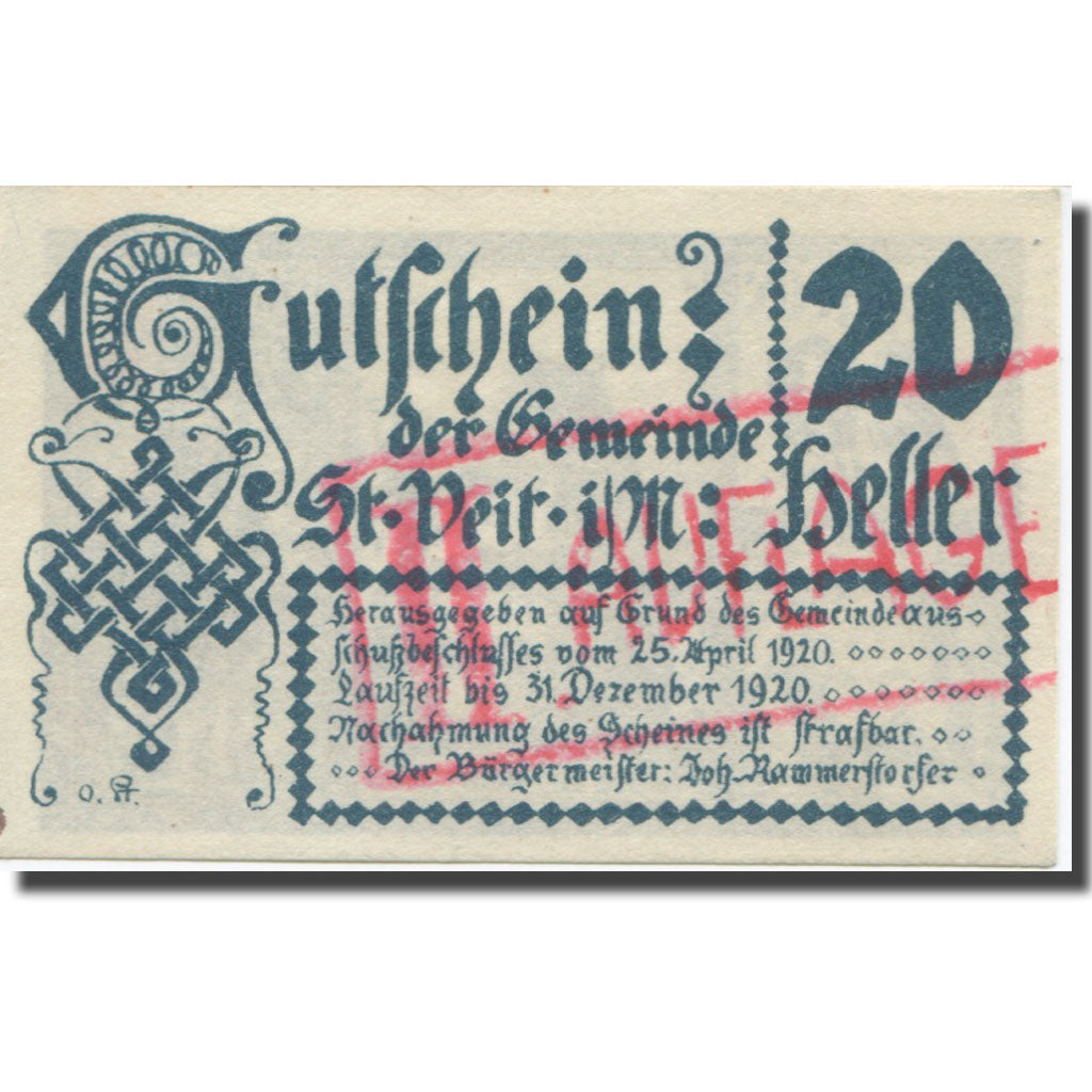 Banknote, Austria, St. Veit im Mühlkreis O.Ö. Gemeinde, 20 Heller, texte 1