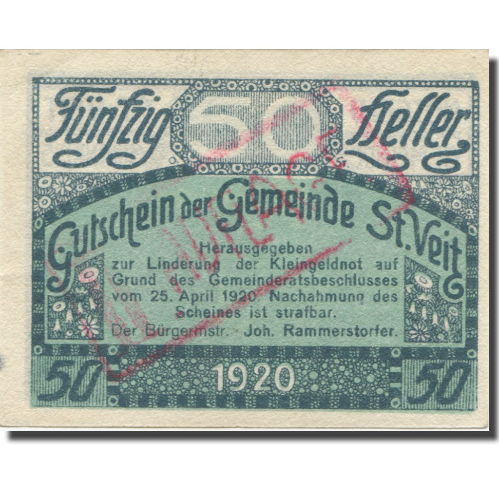 Banconote, Austria, St. Veit im Mühlkreis O.Ö. Gemeinde, 50 Heller, Texte 3