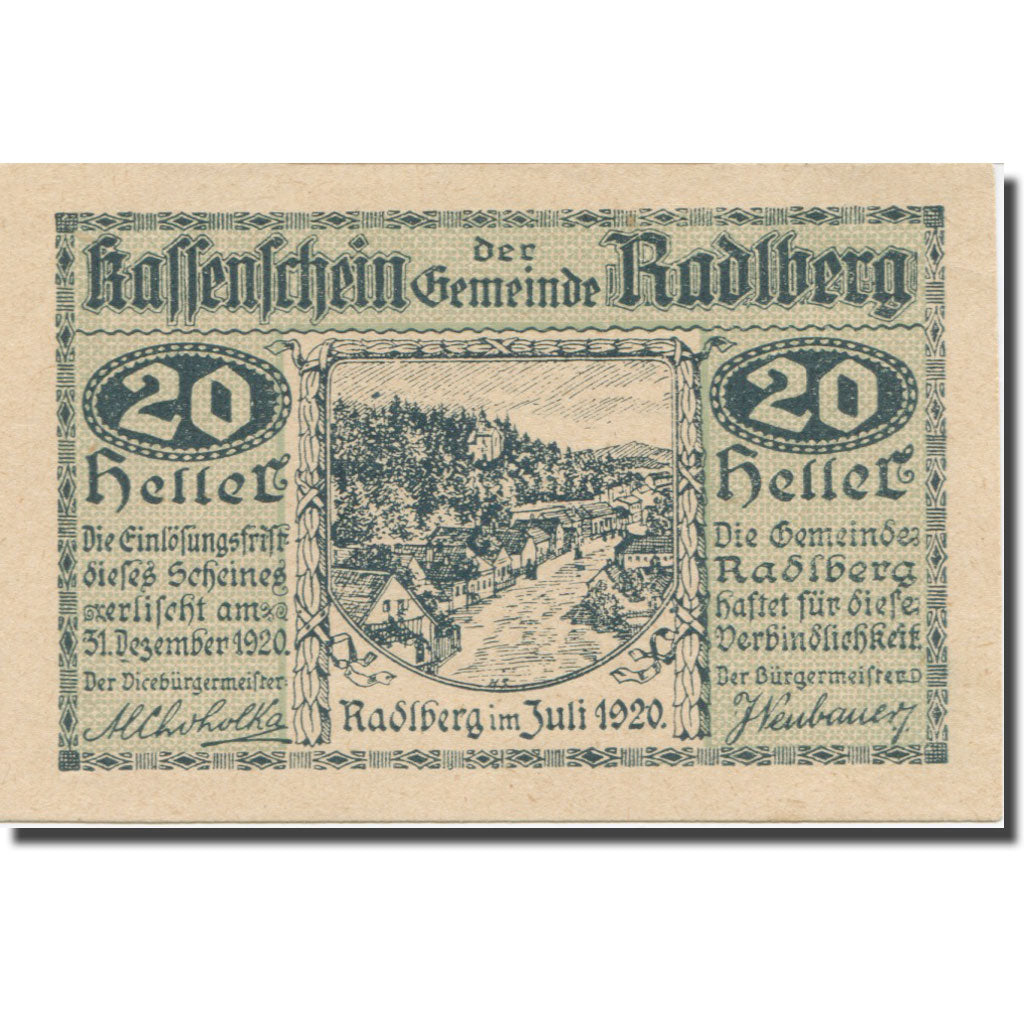 Banconote, Austria, Radlberg, 20 Heller, N.D, 1920, 1920-12-31, SPL-, Mehl:FS