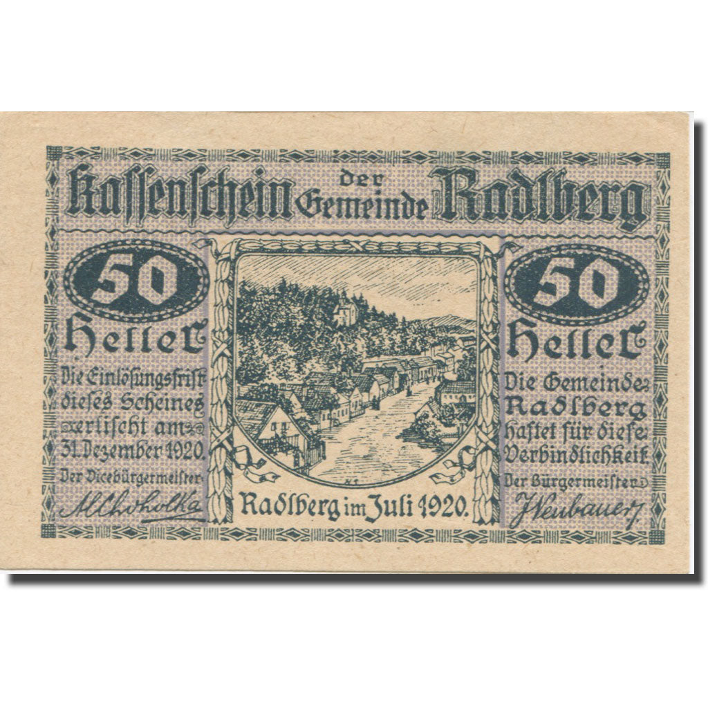 Banknote, Austria, Radlberg, 50 Heller, N.D, 1920, 1920-12-31, AU(55-58)