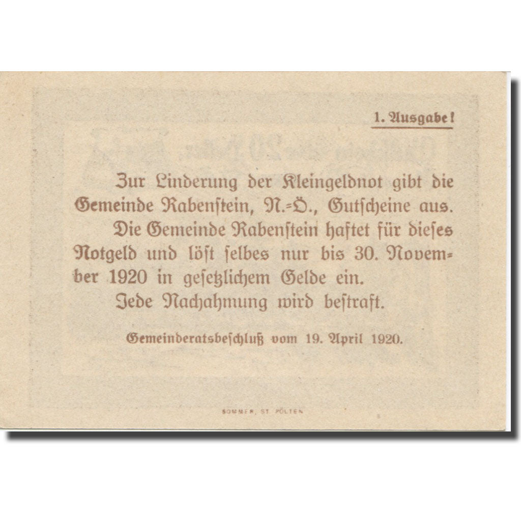 Banknote, Austria, Rabenstein, 20 Heller, Texte, 1920, 1920-11-30, AU(55-58)