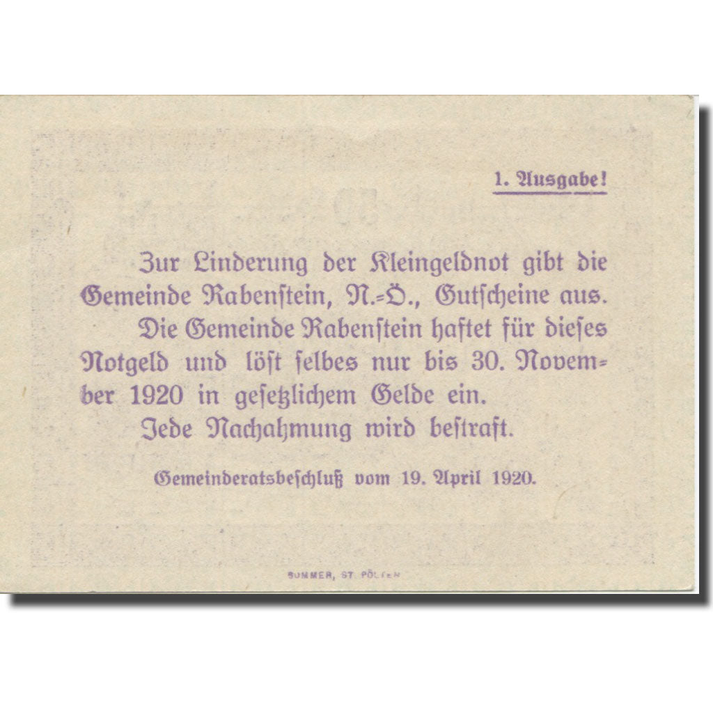 Banknote, Austria, Rabenstein, 50 Heller, texte 1, 1920, 1920-11-30, AU(55-58)