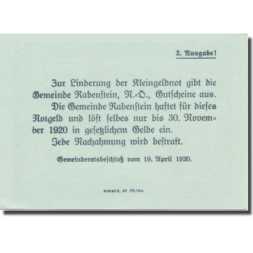 Banknote, Austria, Rabenstein, 20 Heller, texte 1, 1920, 1920-11-30, AU(55-58)