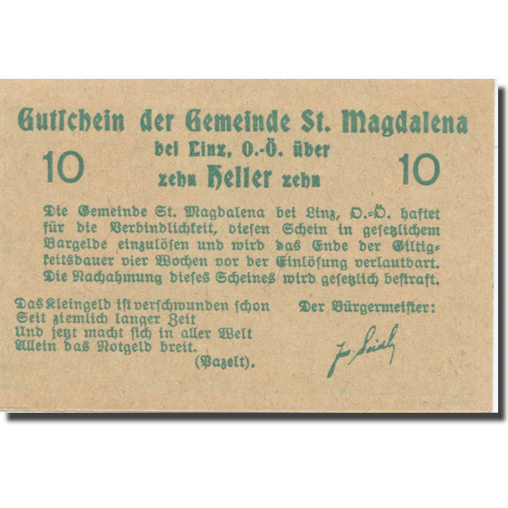 Banconote, Austria, St. Magdalena Bei Linz, O.Ö., Gemeinde, 10 Heller, Texte