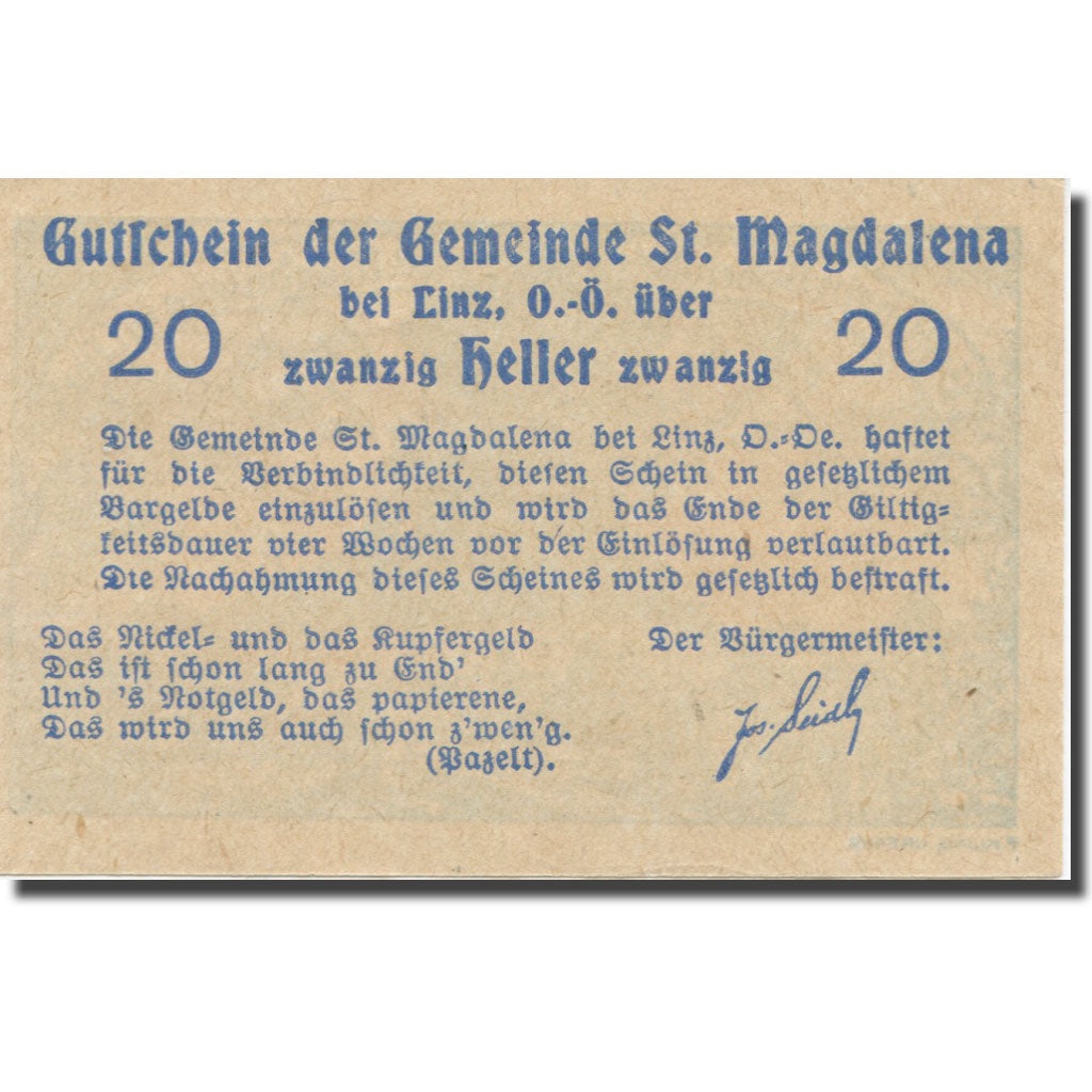 Nota, Áustria, St. Magdalena Bei Linz, O.Ö., Gemeinde, 20 Heller, texte 1