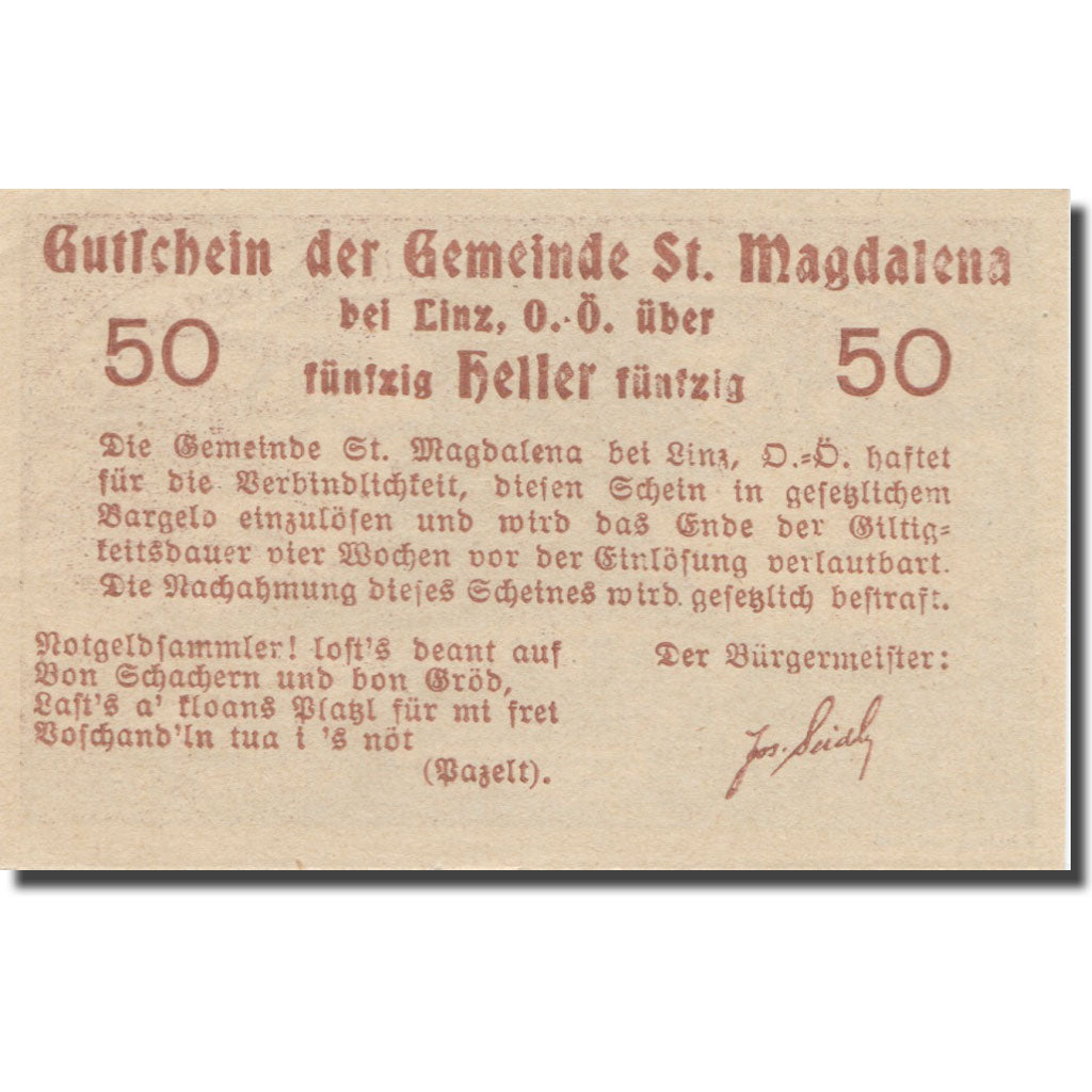 Banknote, Austria, St. Magdalena Bei Linz, O.Ö., Gemeinde, 50 Heller, Texte 2