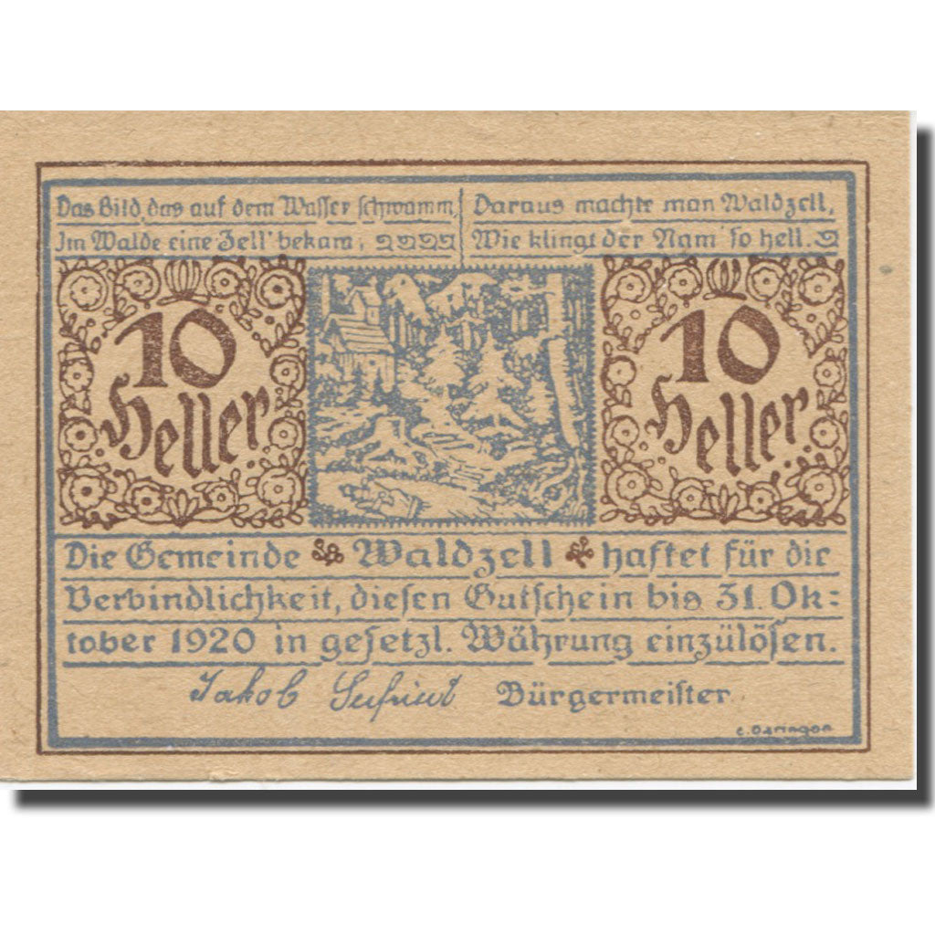 Banknote, Austria, Waldzell O.Ö. Gemeinde, 10 Heller, valeur faciale, 1920