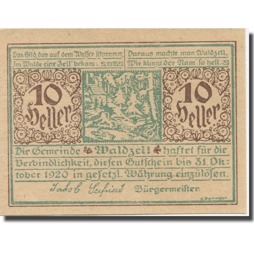 Banconote, Austria, Waldzell O.Ö. Gemeinde, 10 Heller, valeur faciale 1, 1920