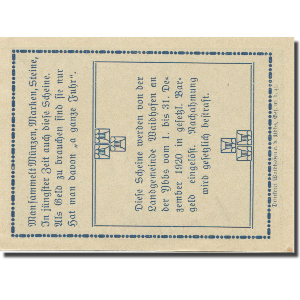 Banconote, Austria, Waidhofen An Der Ybbs N.Ö. Landgemeinde, 60 Heller, Texte